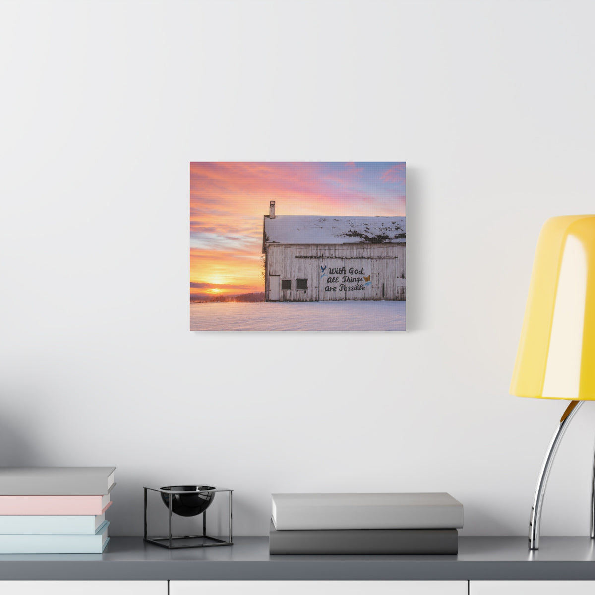 Sunrise Barn Canvas – “With God, All Things Are Possible” Stretched Wall Art
