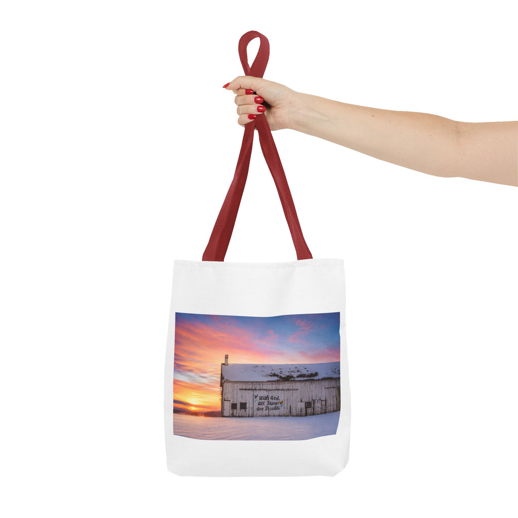 Tote — Snowy Barn Sunrise Photo Tote Bag
