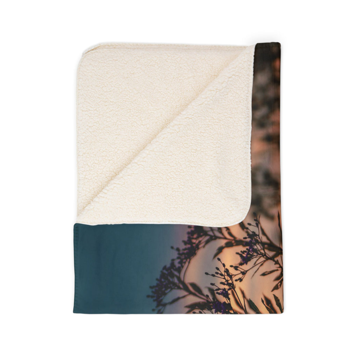 Sunset Meadow Sherpa Blanket — Cozy Fleece Throw with Nature Silhouette
