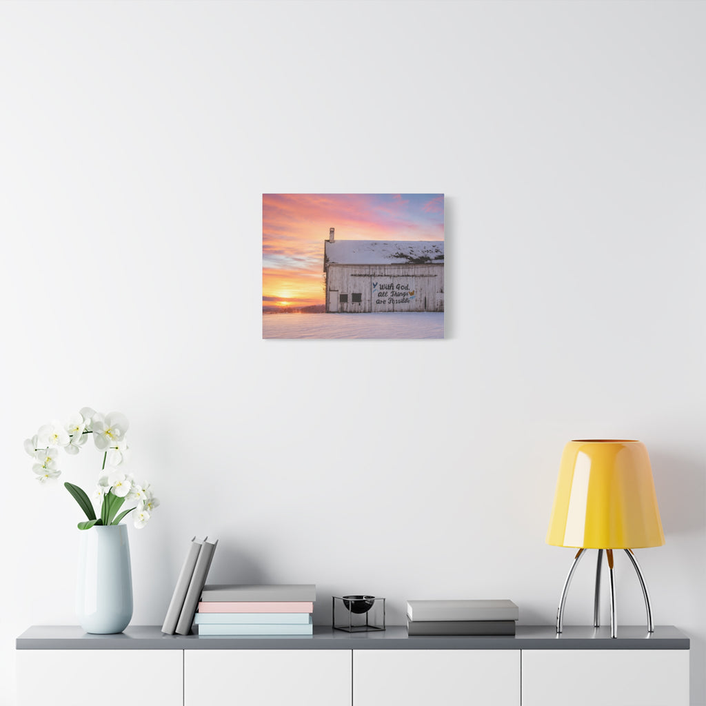 Sunrise Barn Canvas – “With God, All Things Are Possible” Stretched Wall Art