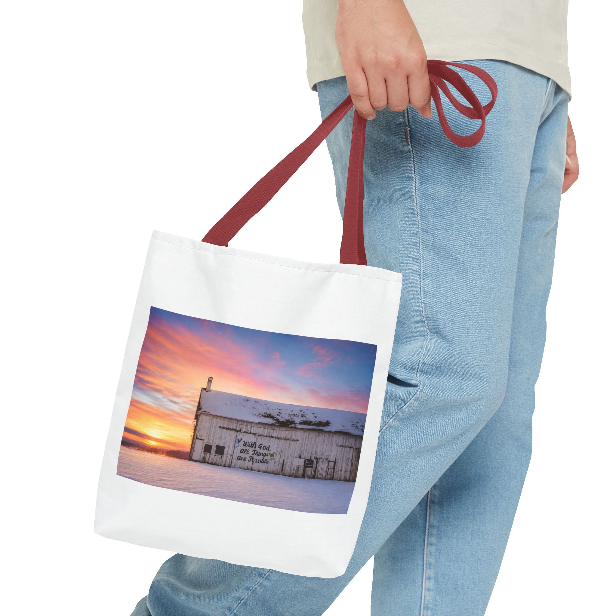 Tote — Snowy Barn Sunrise Photo Tote Bag