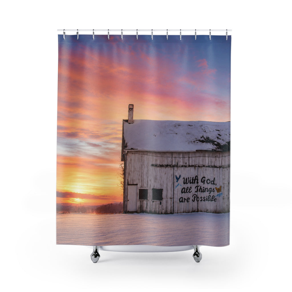 Shower Curtain — Sunrise Barn with 'With God All Things Are Possible' Christian Inspirational Design