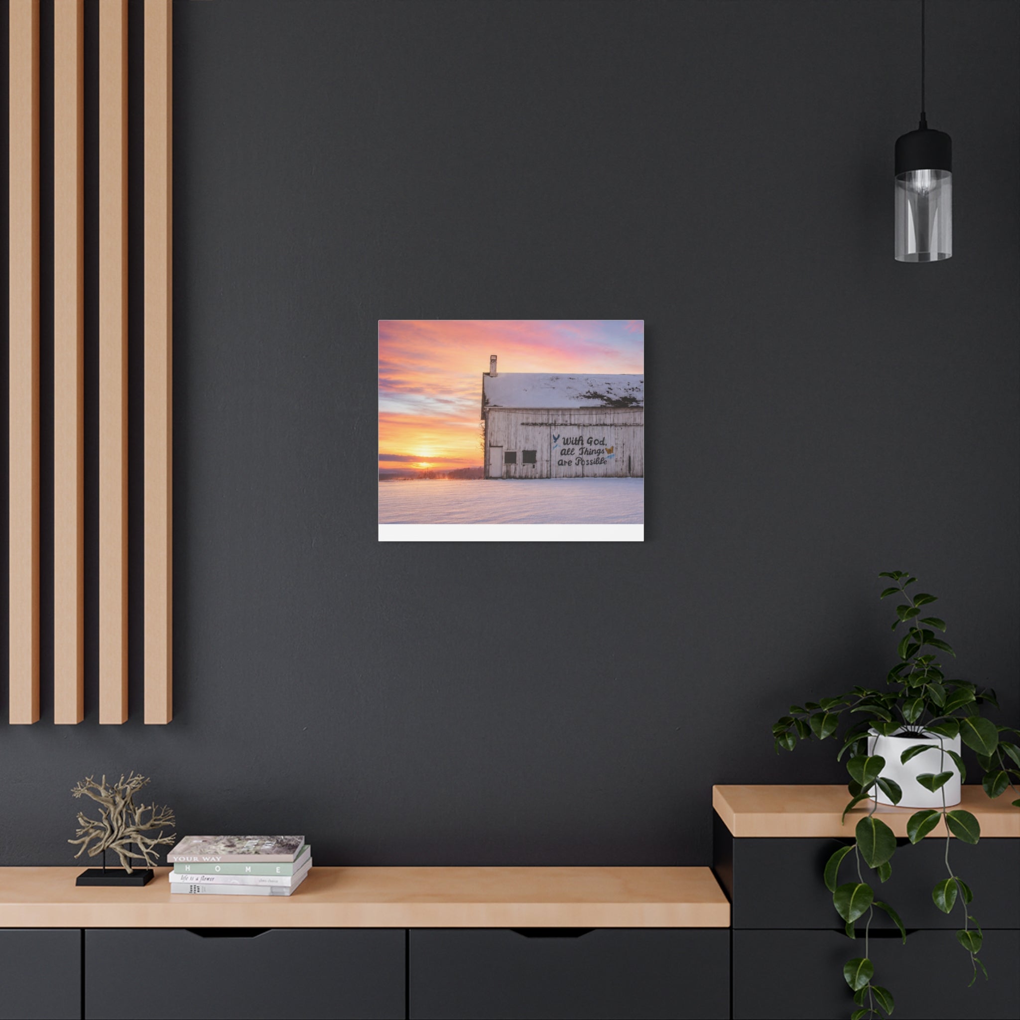 Sunrise Barn Canvas – “With God, All Things Are Possible” Stretched Wall Art