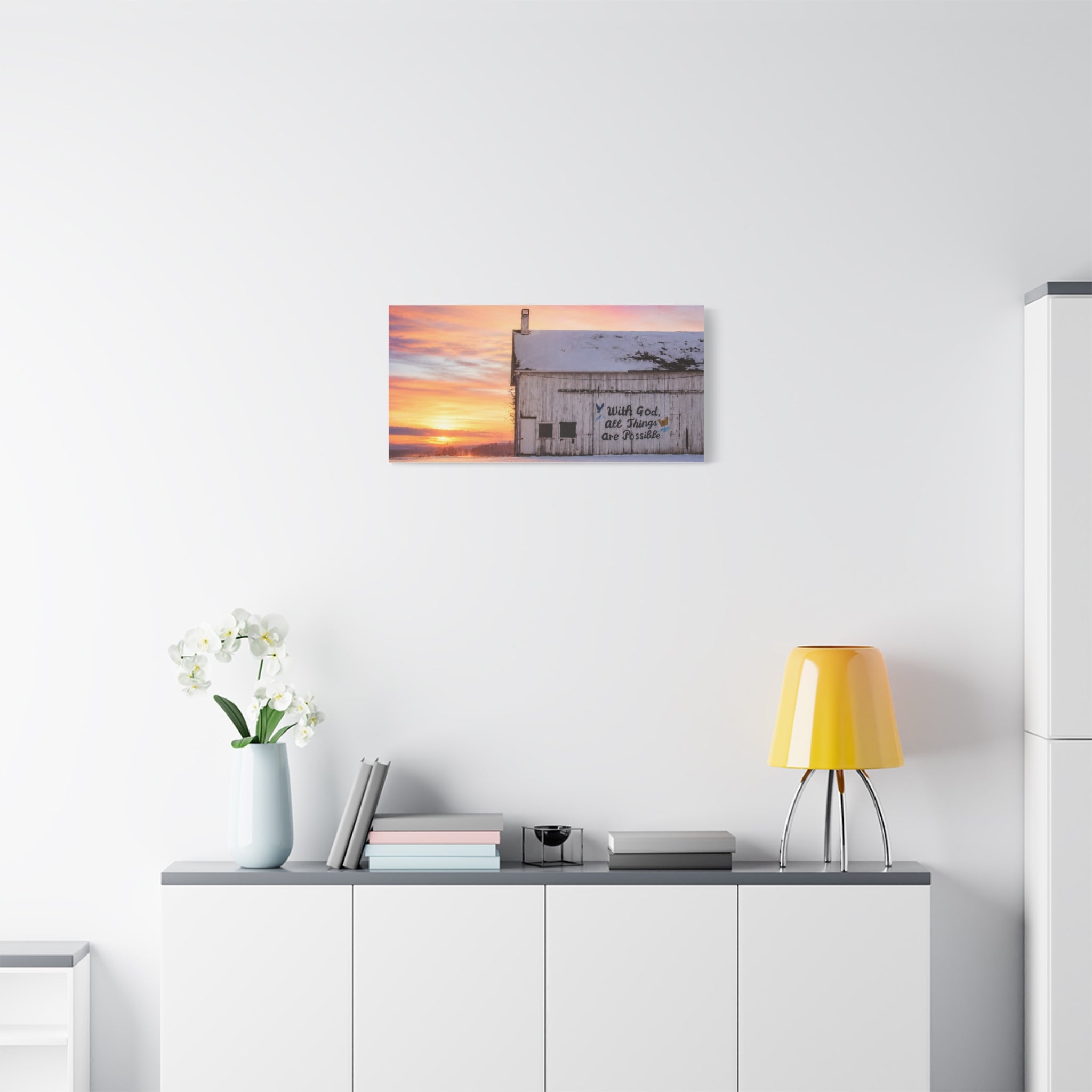 Sunrise Barn Canvas – “With God, All Things Are Possible” Stretched Wall Art