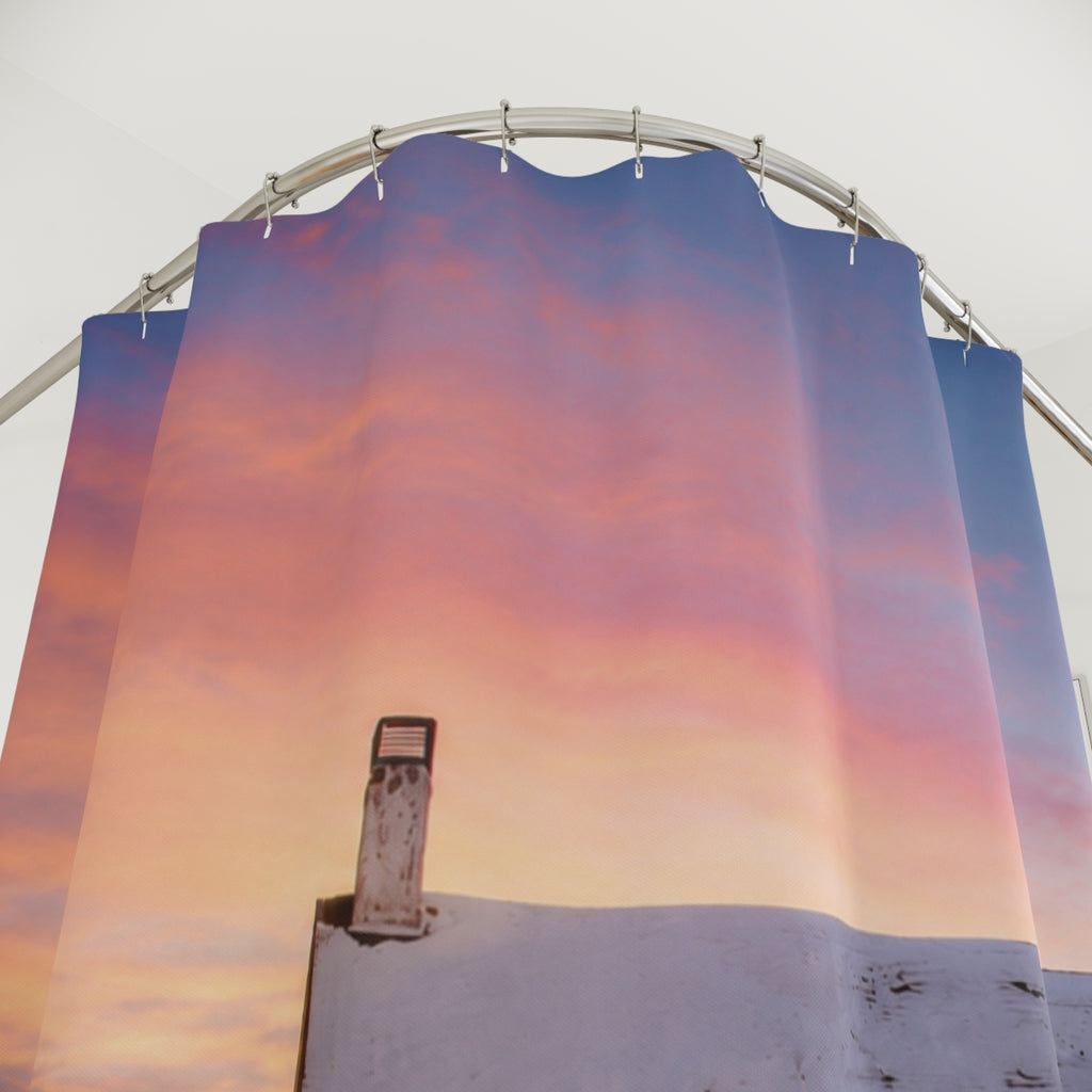 Shower Curtain — Sunrise Barn with 'With God All Things Are Possible' Christian Inspirational Design