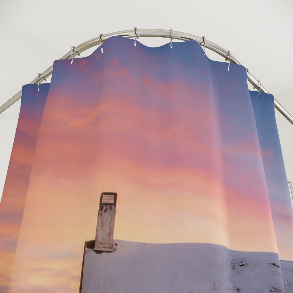 Shower Curtain — Sunrise Barn with 'With God All Things Are Possible' Christian Inspirational Design