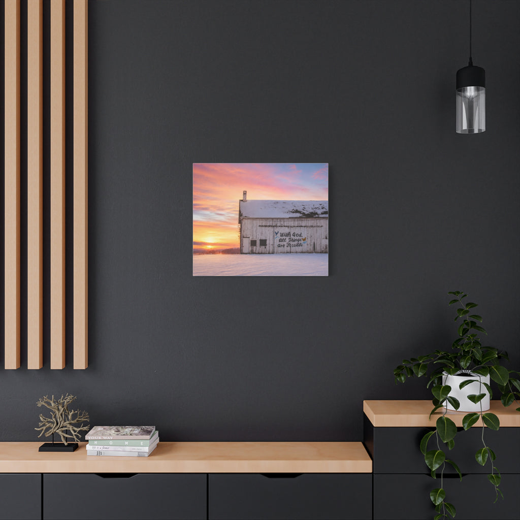 Sunrise Barn Canvas – “With God, All Things Are Possible” Stretched Wall Art