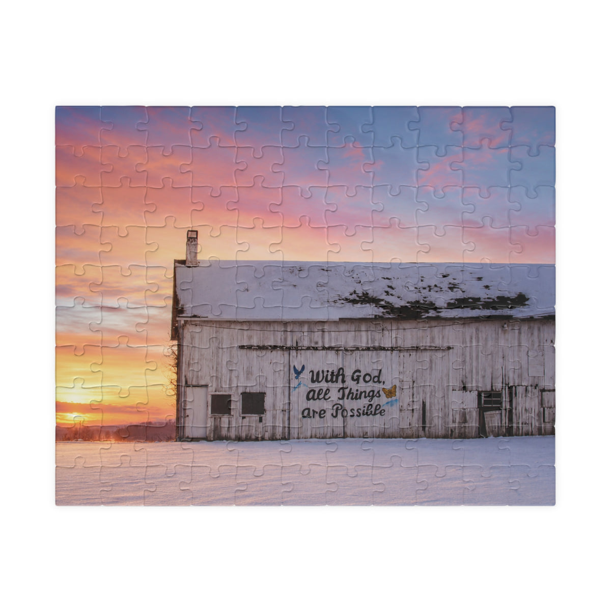 Barn Sunset Puzzle — 'With God, All Things Are Possible' Inspirational Jigsaw (110/252/520/1014 pcs)