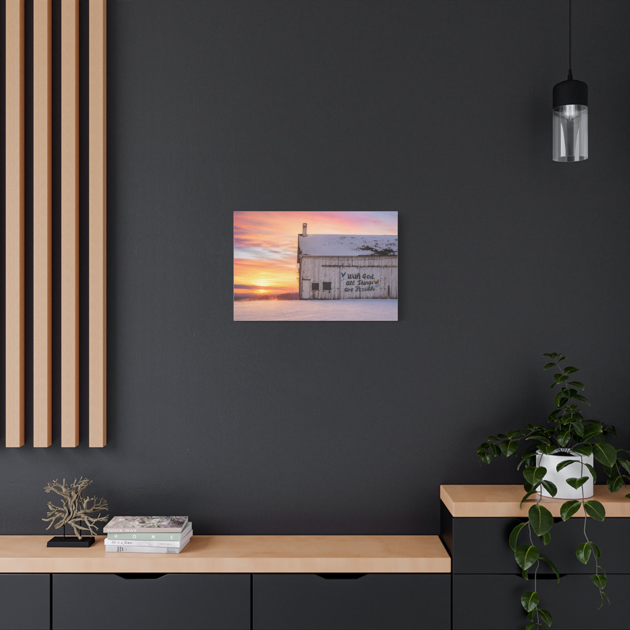 Sunrise Barn Canvas – “With God, All Things Are Possible” Stretched Wall Art