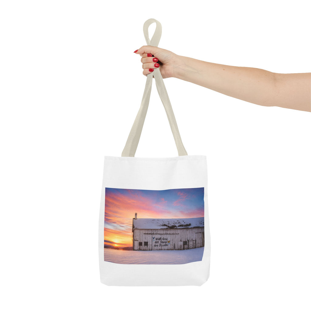 Tote — Snowy Barn Sunrise Photo Tote Bag