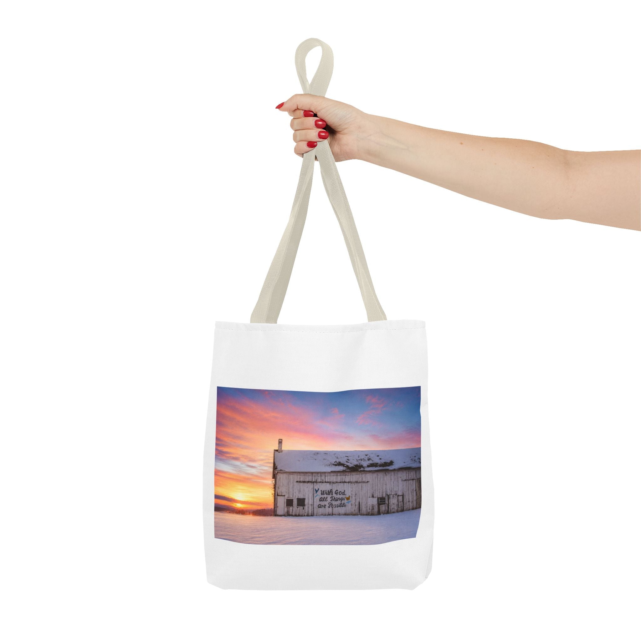 Tote — Snowy Barn Sunrise Photo Tote Bag