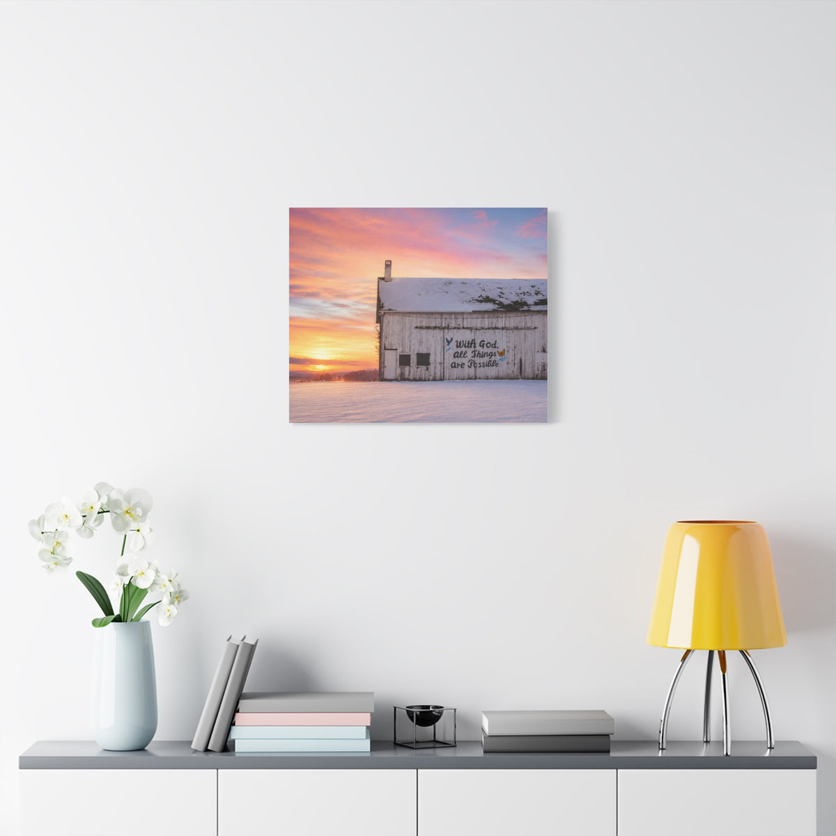 Sunrise Barn Canvas – “With God, All Things Are Possible” Stretched Wall Art