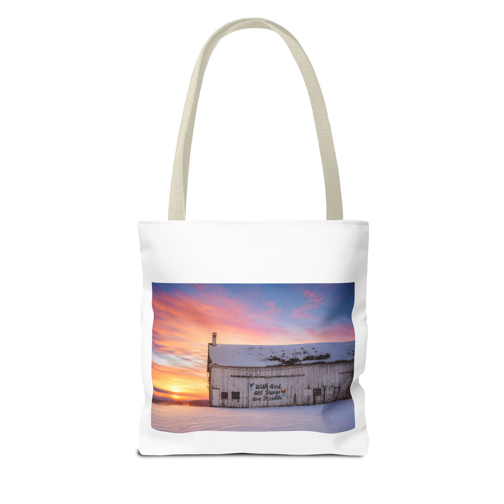 Tote — Snowy Barn Sunrise Photo Tote Bag