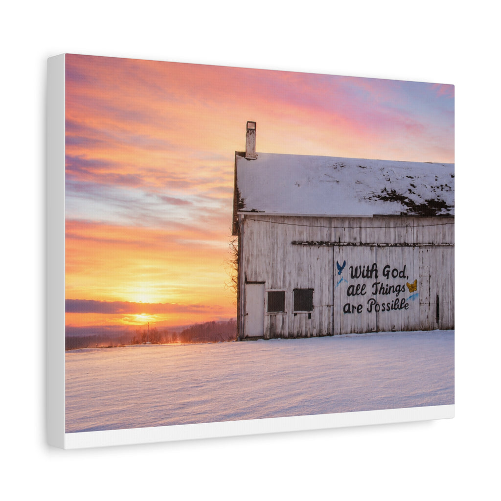 Sunrise Barn Canvas – “With God, All Things Are Possible” Stretched Wall Art