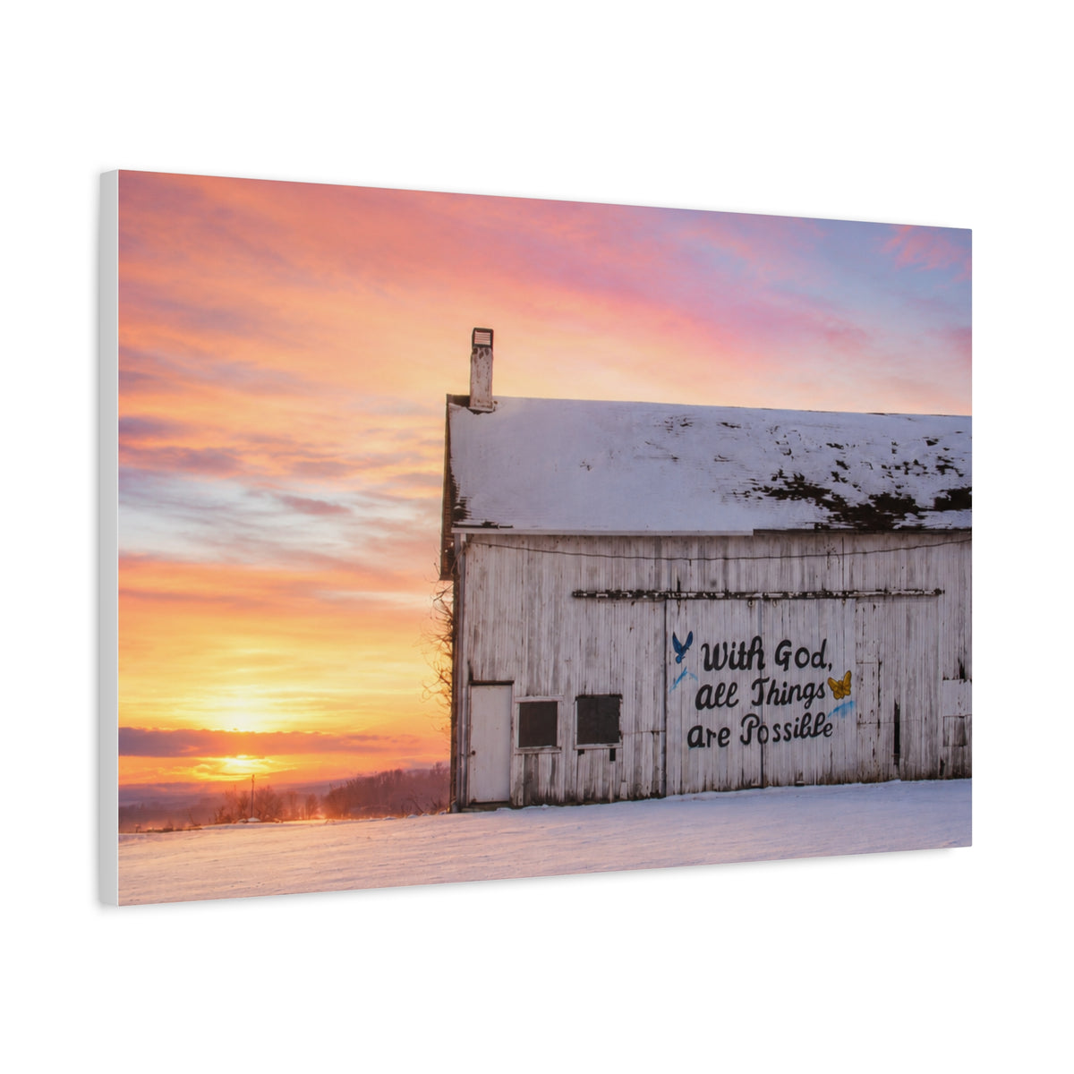 Sunrise Barn Canvas – “With God, All Things Are Possible” Stretched Wall Art