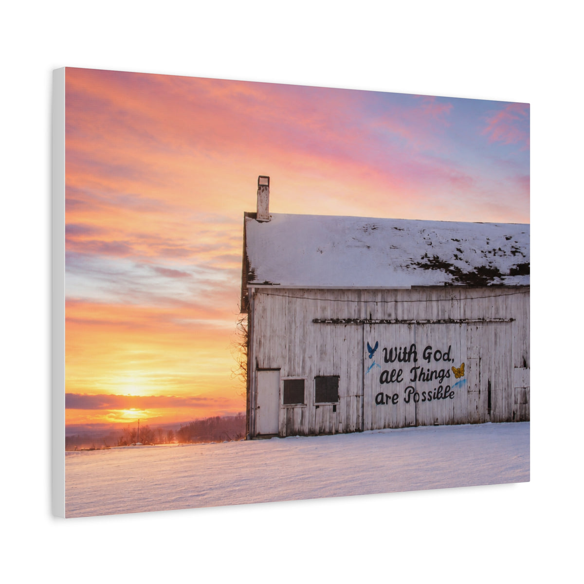 Sunrise Barn Canvas – “With God, All Things Are Possible” Stretched Wall Art