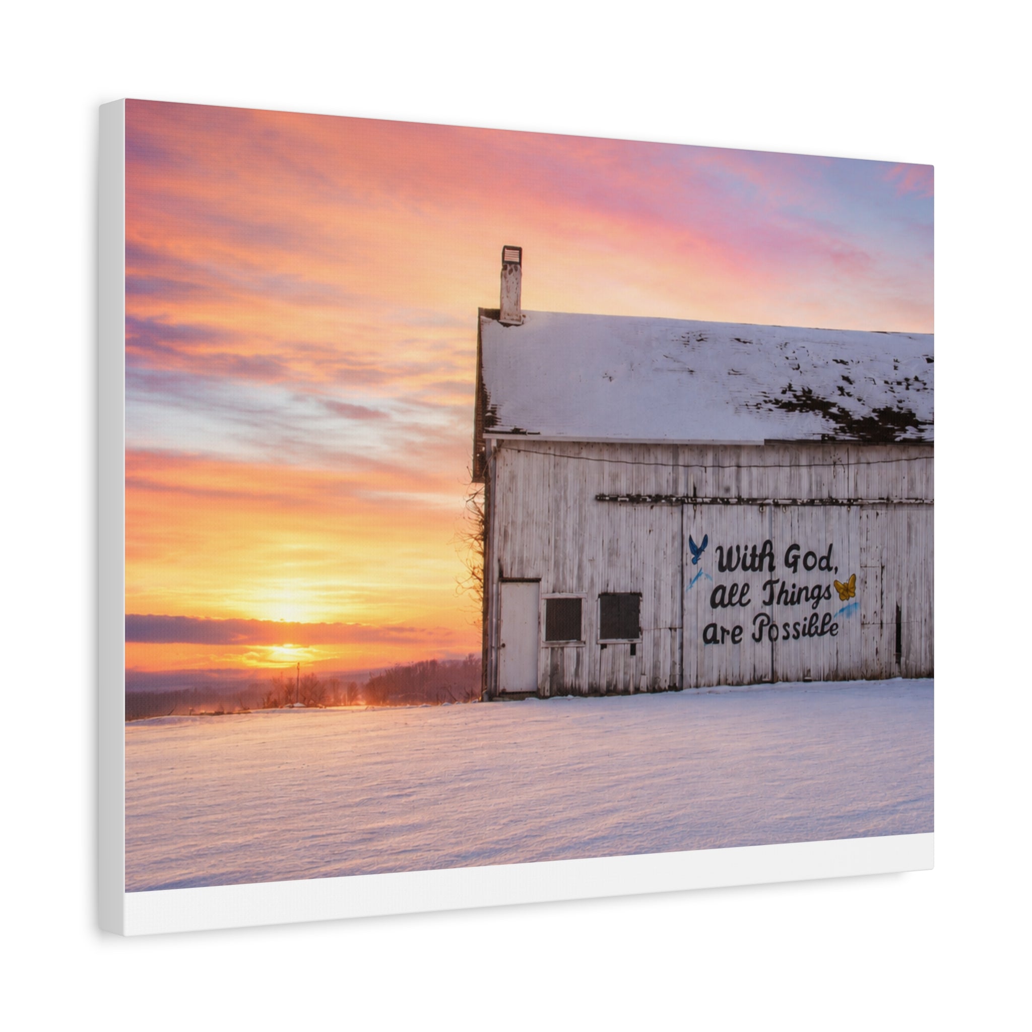 Sunrise Barn Canvas – “With God, All Things Are Possible” Stretched Wall Art