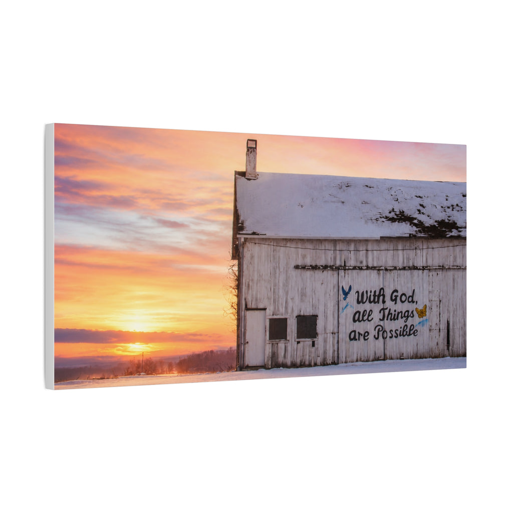 Sunrise Barn Canvas – “With God, All Things Are Possible” Stretched Wall Art