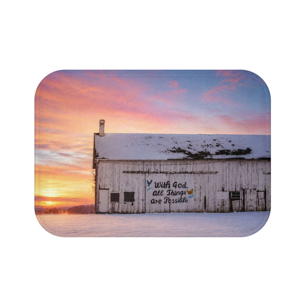 Rustic Sunrise Bath Mat — 'With God, All Things are Possible' Barn Decor