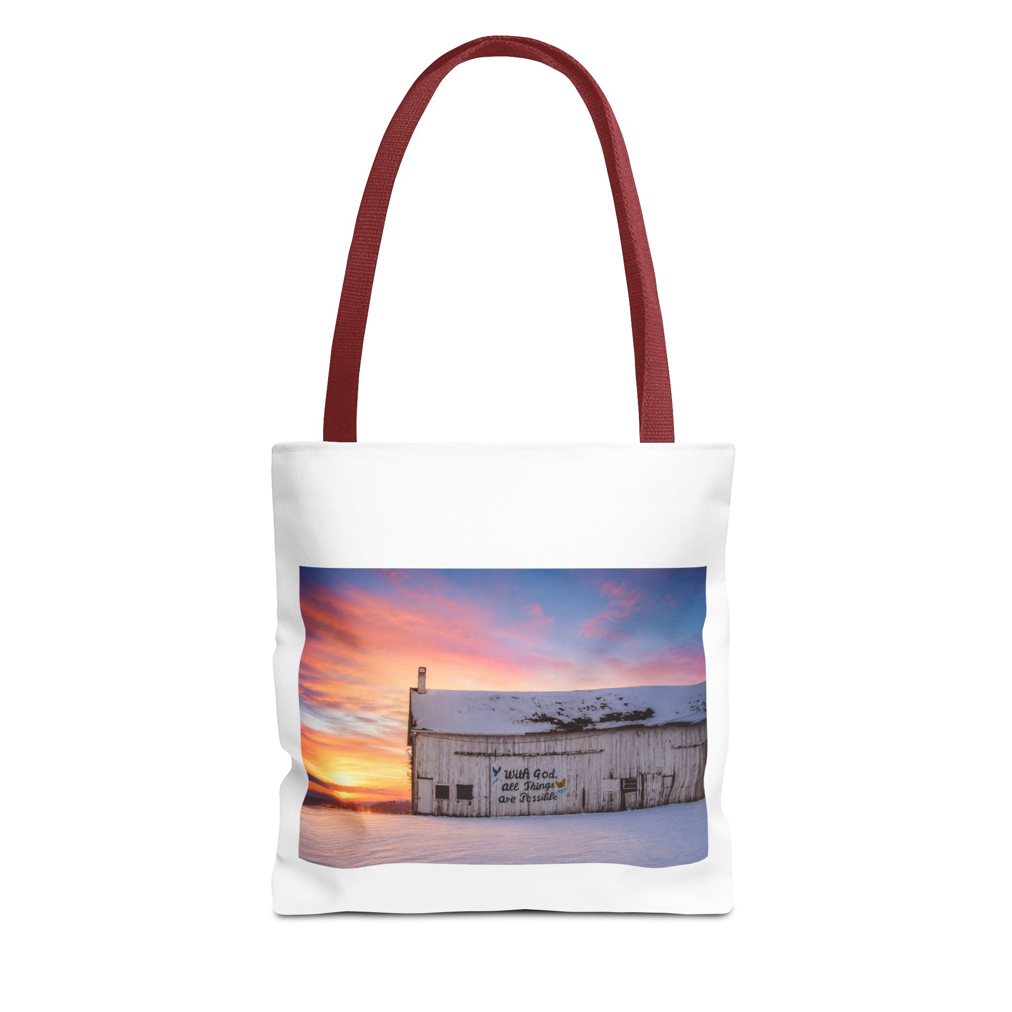 Tote — Snowy Barn Sunrise Photo Tote Bag