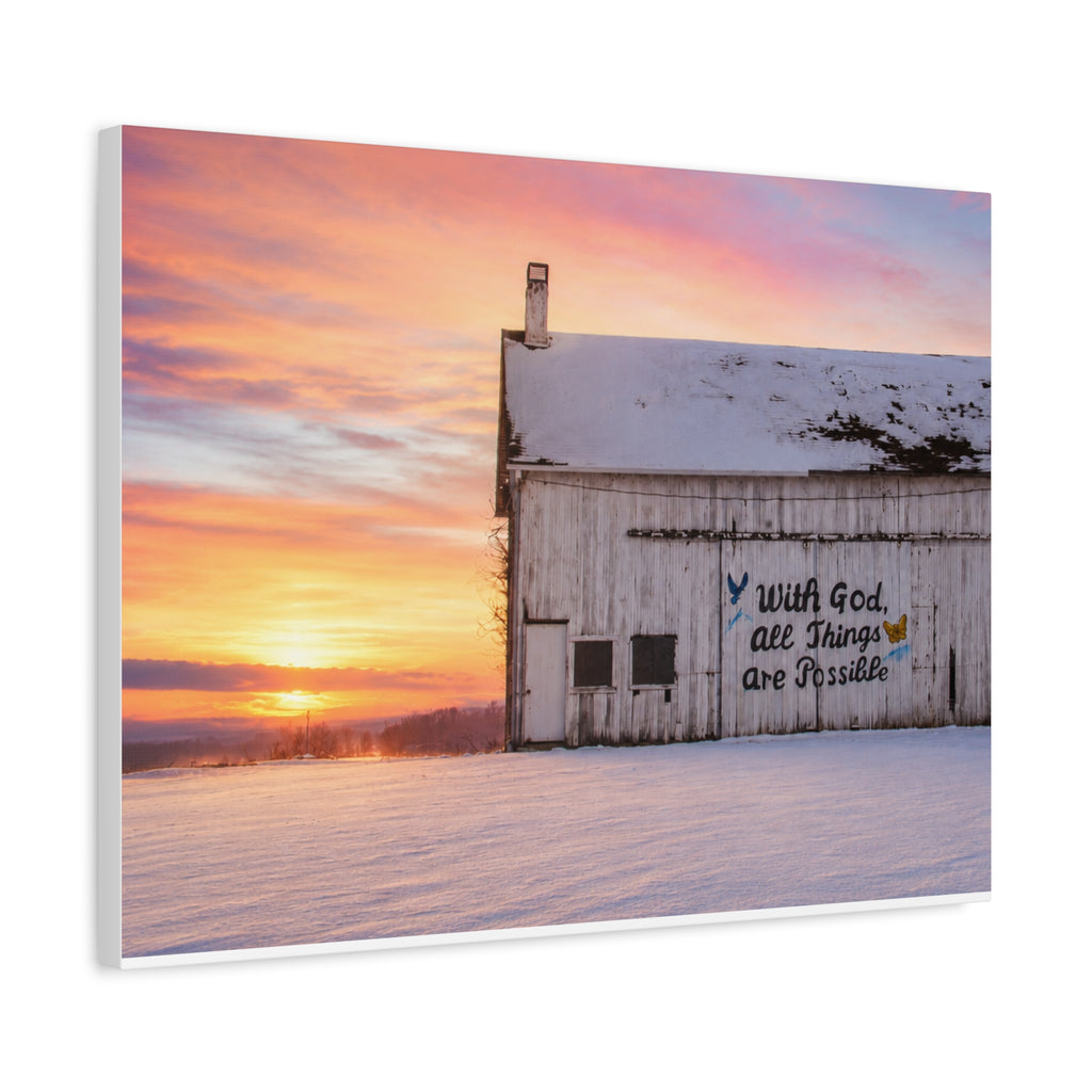 Sunrise Barn Canvas – “With God, All Things Are Possible” Stretched Wall Art