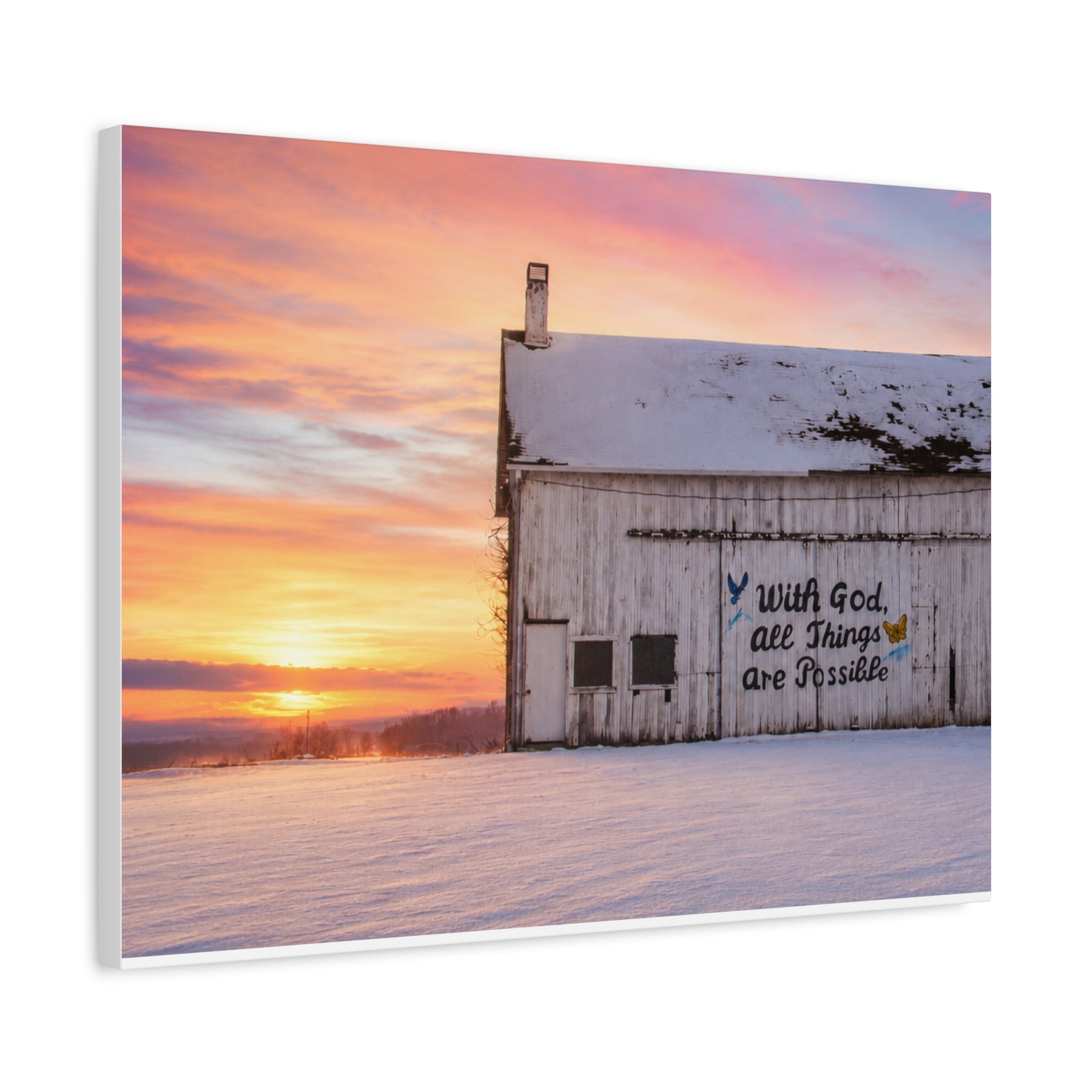 Sunrise Barn Canvas – “With God, All Things Are Possible” Stretched Wall Art
