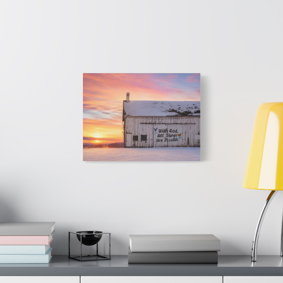 Sunrise Barn Canvas – “With God, All Things Are Possible” Stretched Wall Art
