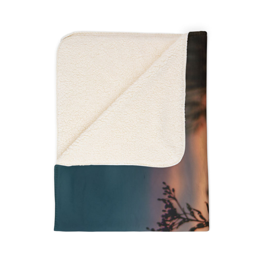 Sunset Meadow Sherpa Blanket — Cozy Fleece Throw with Nature Silhouette