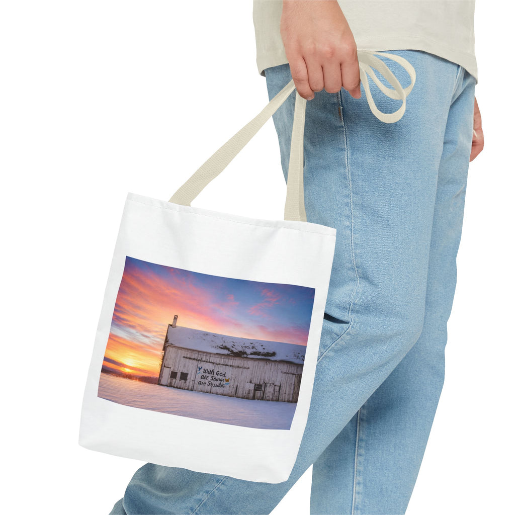 Tote — Snowy Barn Sunrise Photo Tote Bag