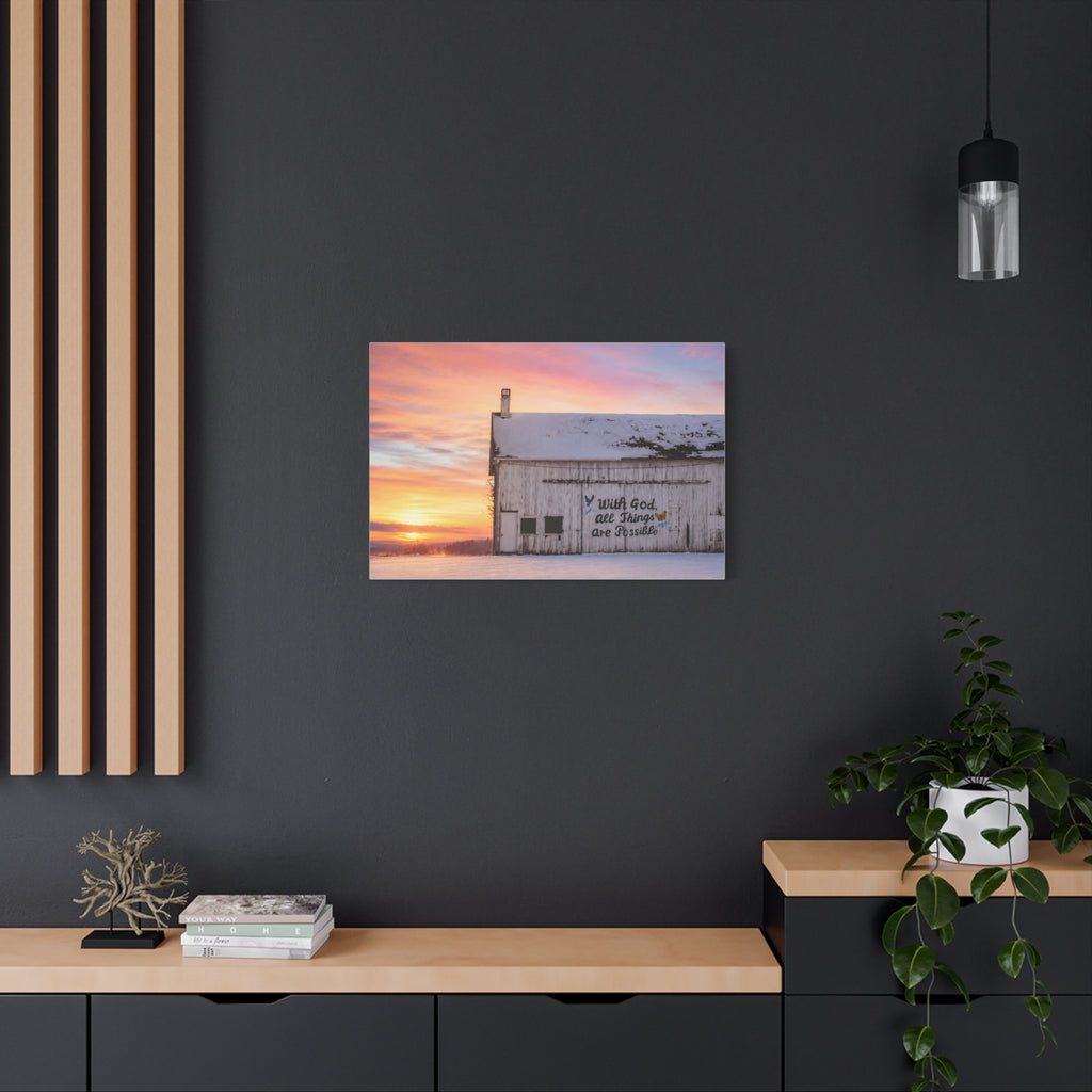 Sunrise Barn Canvas – “With God, All Things Are Possible” Stretched Wall Art