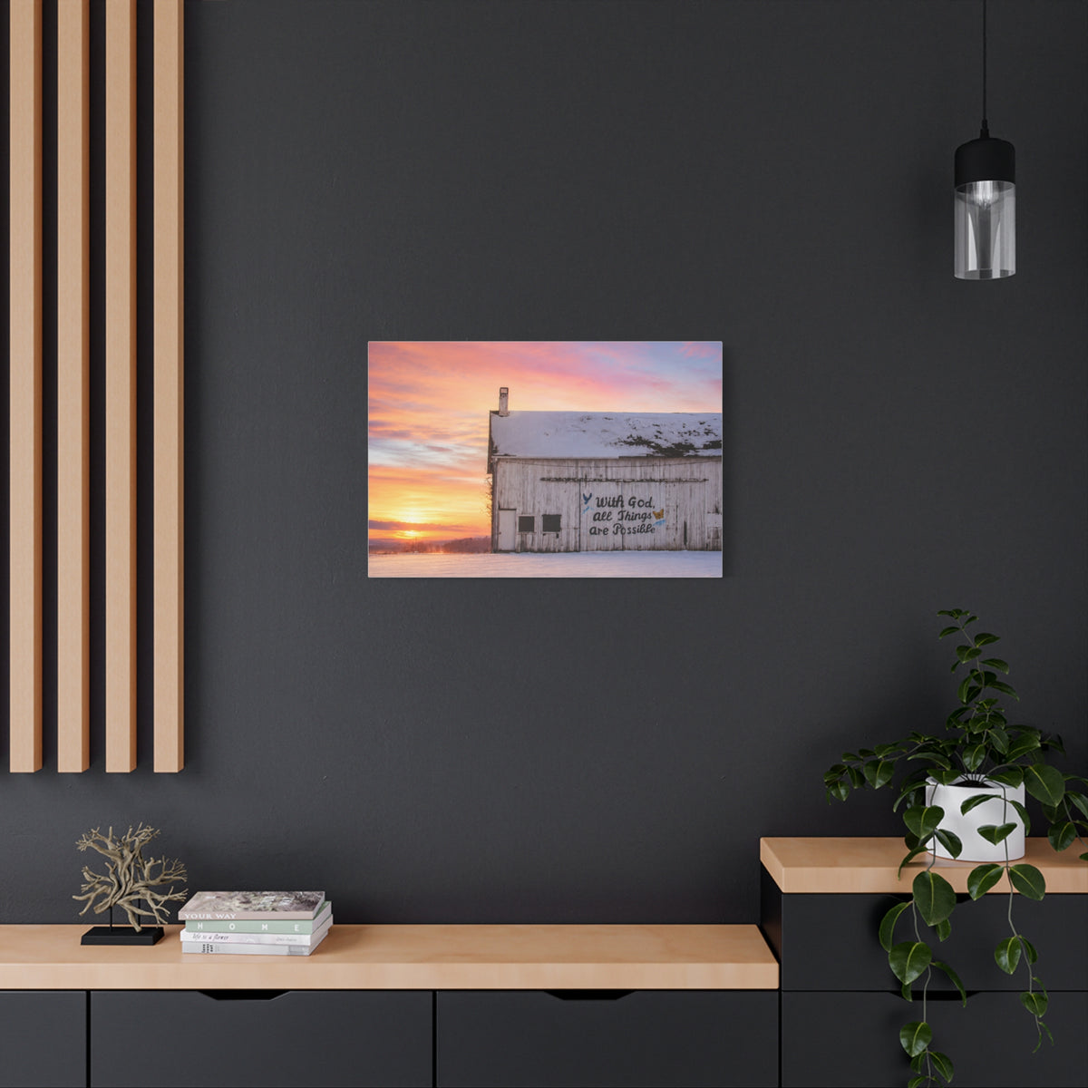 Sunrise Barn Canvas – “With God, All Things Are Possible” Stretched Wall Art