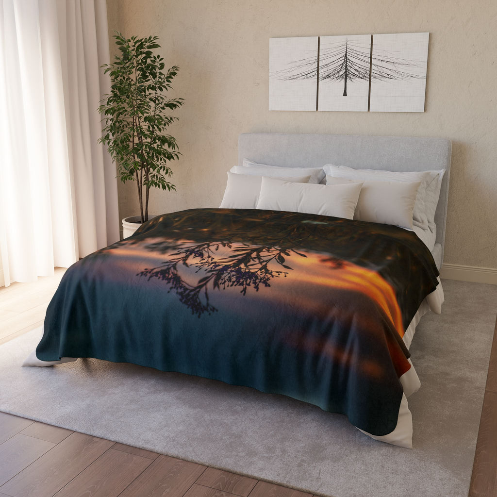 Sunset Meadow Sherpa Blanket — Cozy Fleece Throw with Nature Silhouette