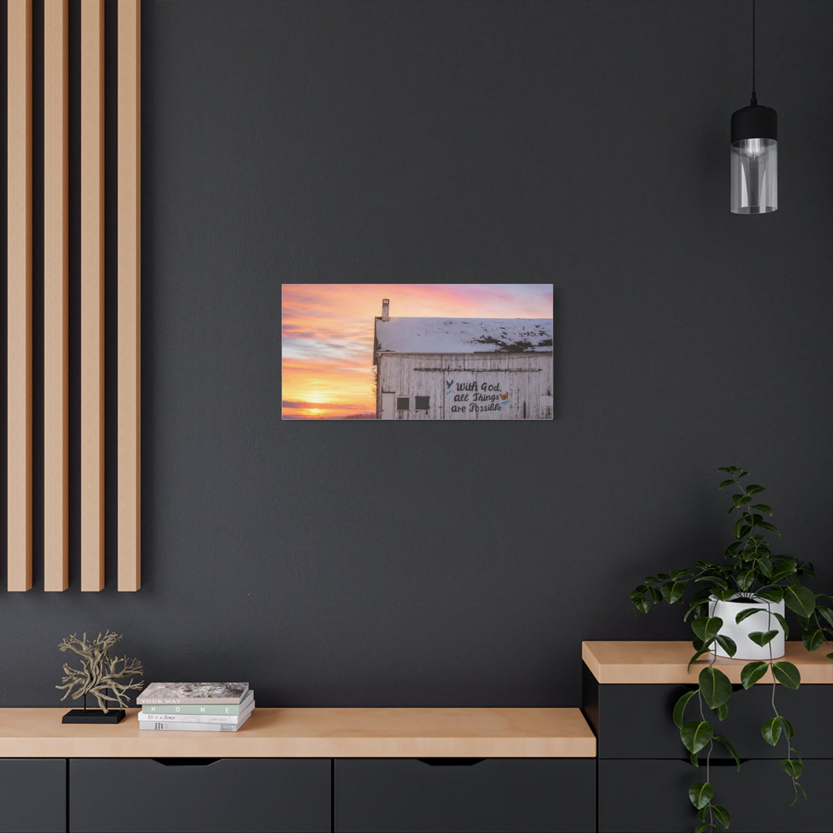 Sunrise Barn Canvas – “With God, All Things Are Possible” Stretched Wall Art