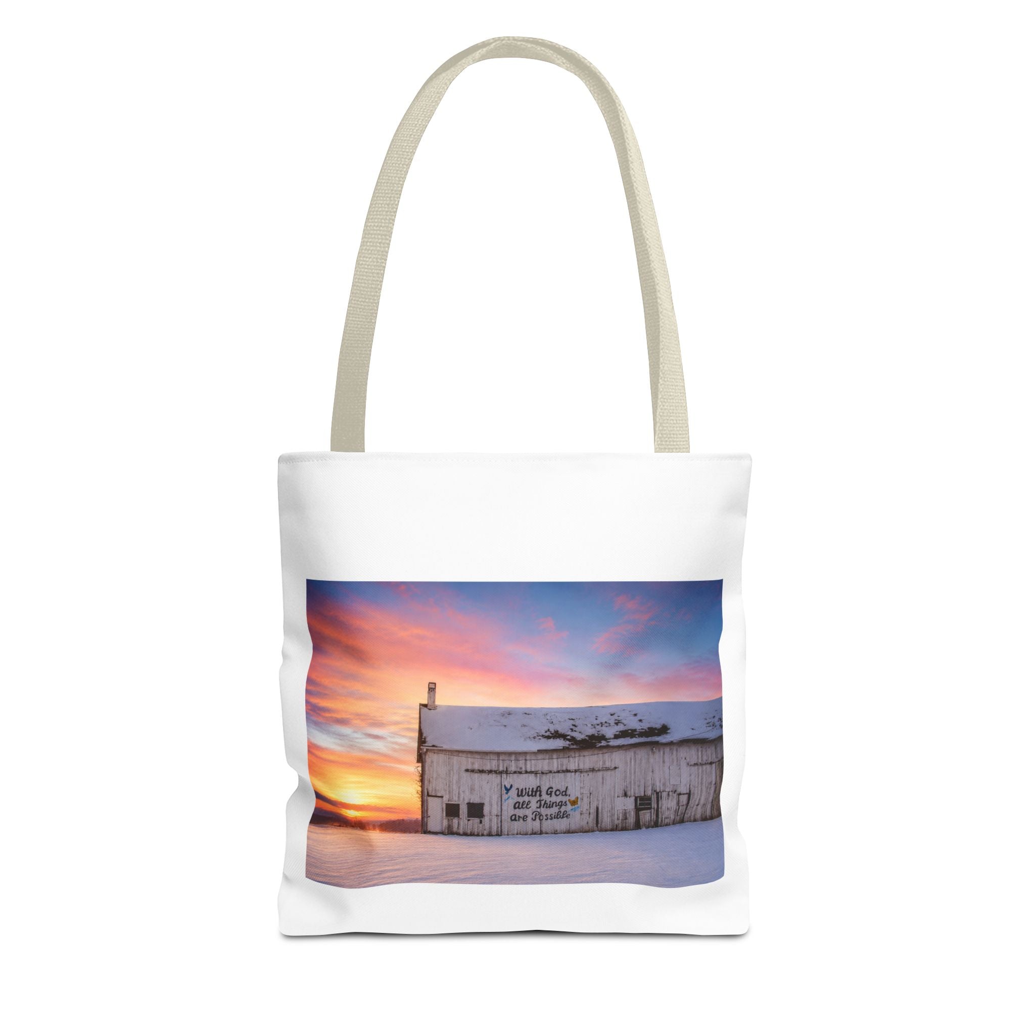 Tote — Snowy Barn Sunrise Photo Tote Bag