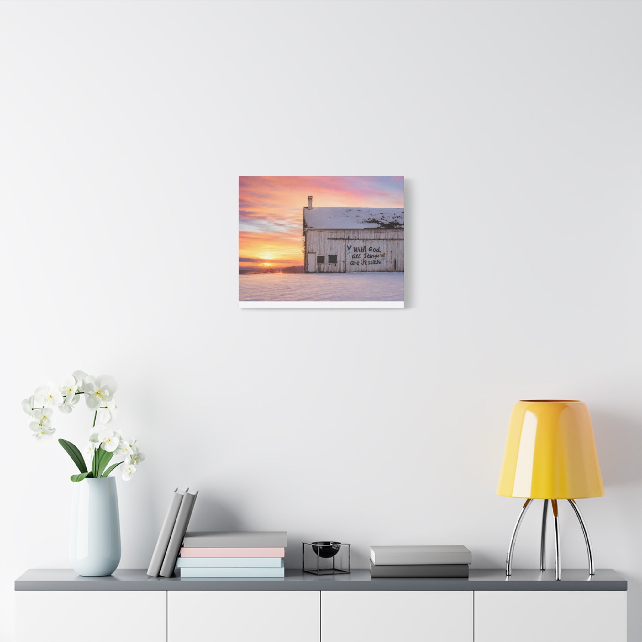 Sunrise Barn Canvas – “With God, All Things Are Possible” Stretched Wall Art