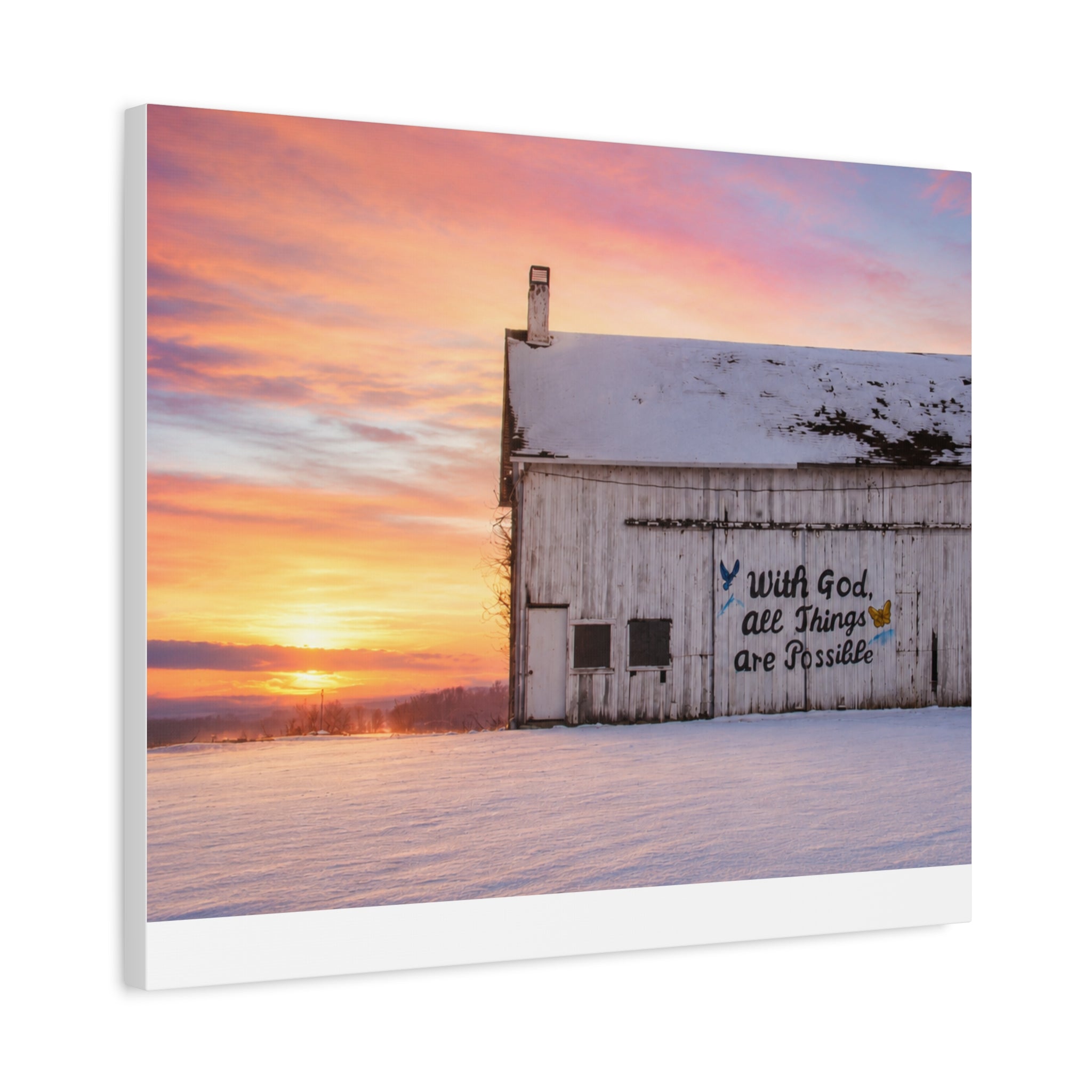 Sunrise Barn Canvas – “With God, All Things Are Possible” Stretched Wall Art