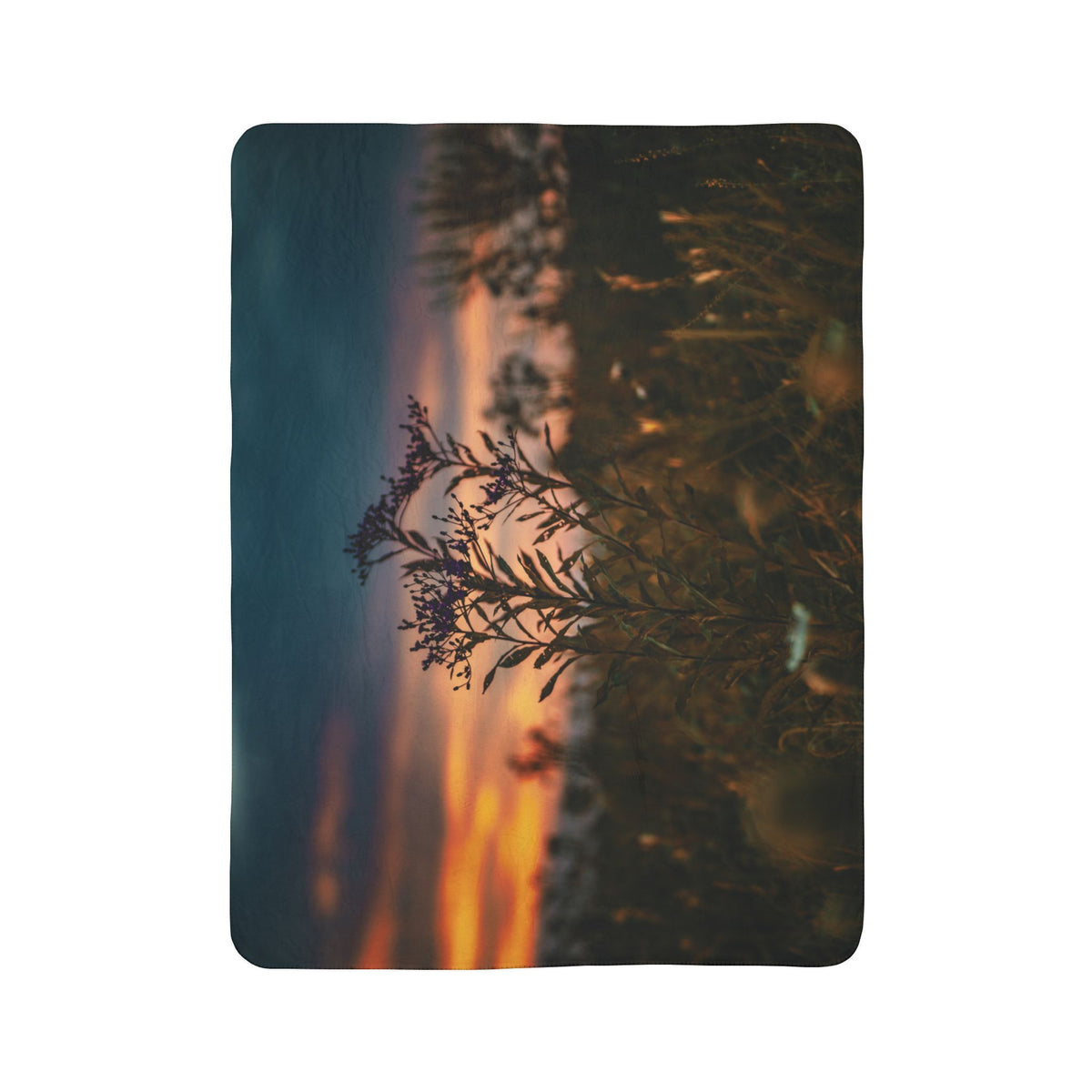 Sunset Meadow Sherpa Blanket — Cozy Fleece Throw with Nature Silhouette