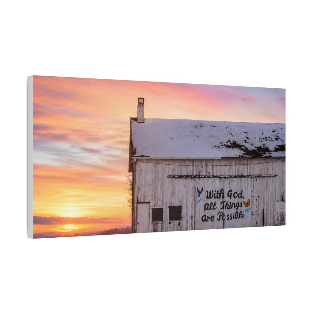 Sunrise Barn Canvas – “With God, All Things Are Possible” Stretched Wall Art