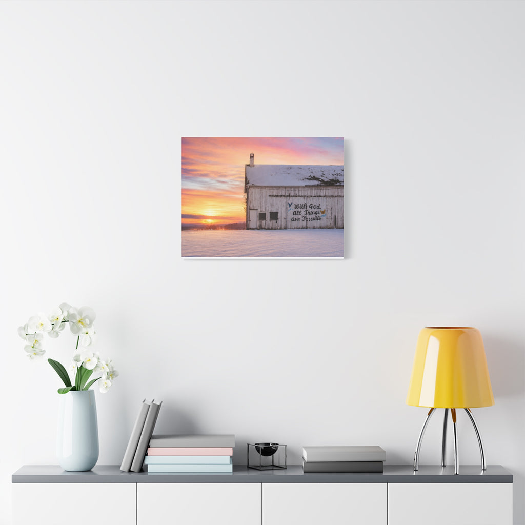 Sunrise Barn Canvas – “With God, All Things Are Possible” Stretched Wall Art