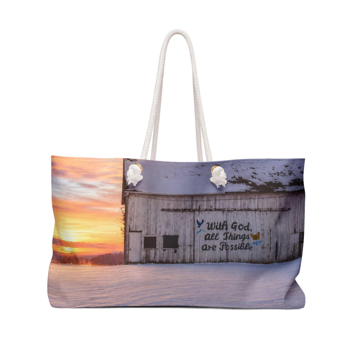 Inspirational Sunrise Weekender Bag – 'With God, All Things Are Possible' Travel Tote