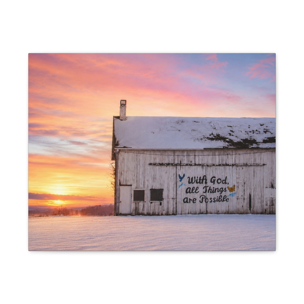Sunrise Barn Canvas – “With God, All Things Are Possible” Stretched Wall Art