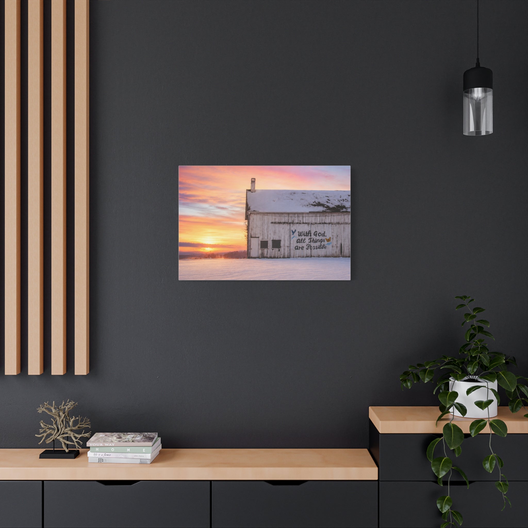 Sunrise Barn Canvas – “With God, All Things Are Possible” Stretched Wall Art