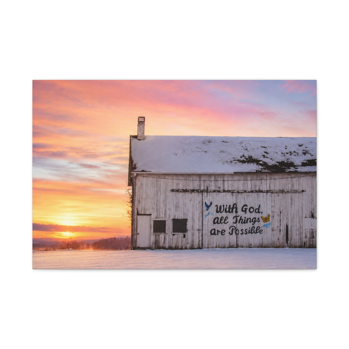 Sunrise Barn Canvas – “With God, All Things Are Possible” Stretched Wall Art