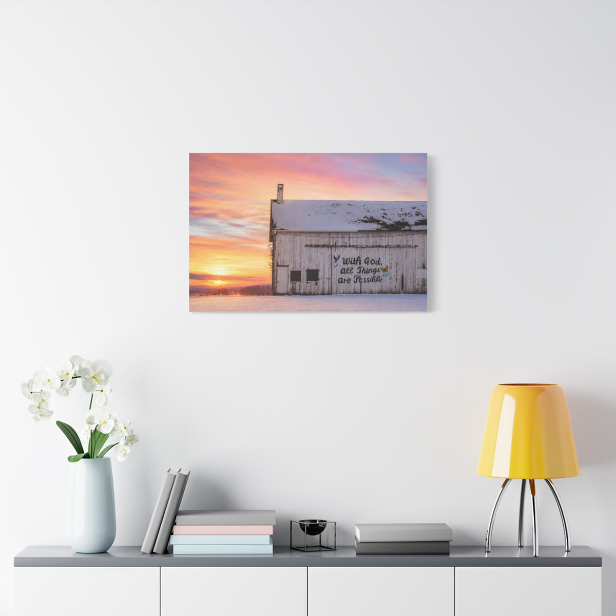Sunrise Barn Canvas – “With God, All Things Are Possible” Stretched Wall Art