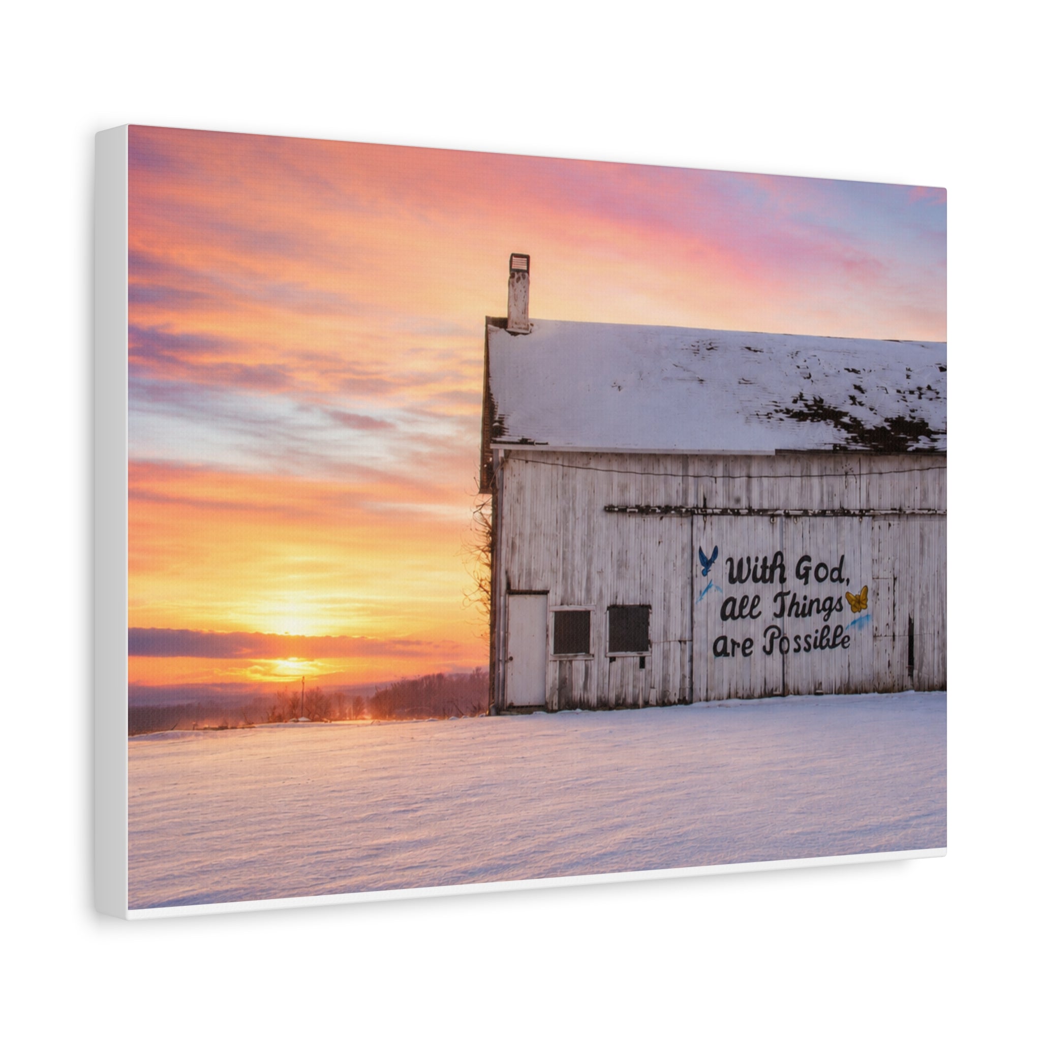 Sunrise Barn Canvas – “With God, All Things Are Possible” Stretched Wall Art