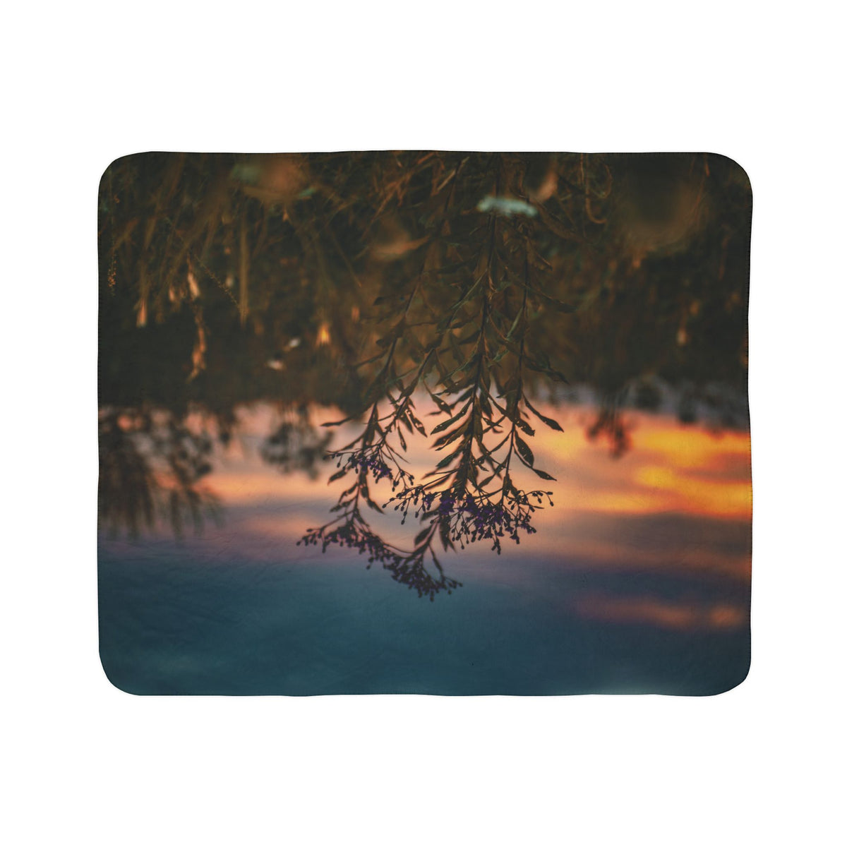 Sunset Meadow Sherpa Blanket — Cozy Fleece Throw with Nature Silhouette