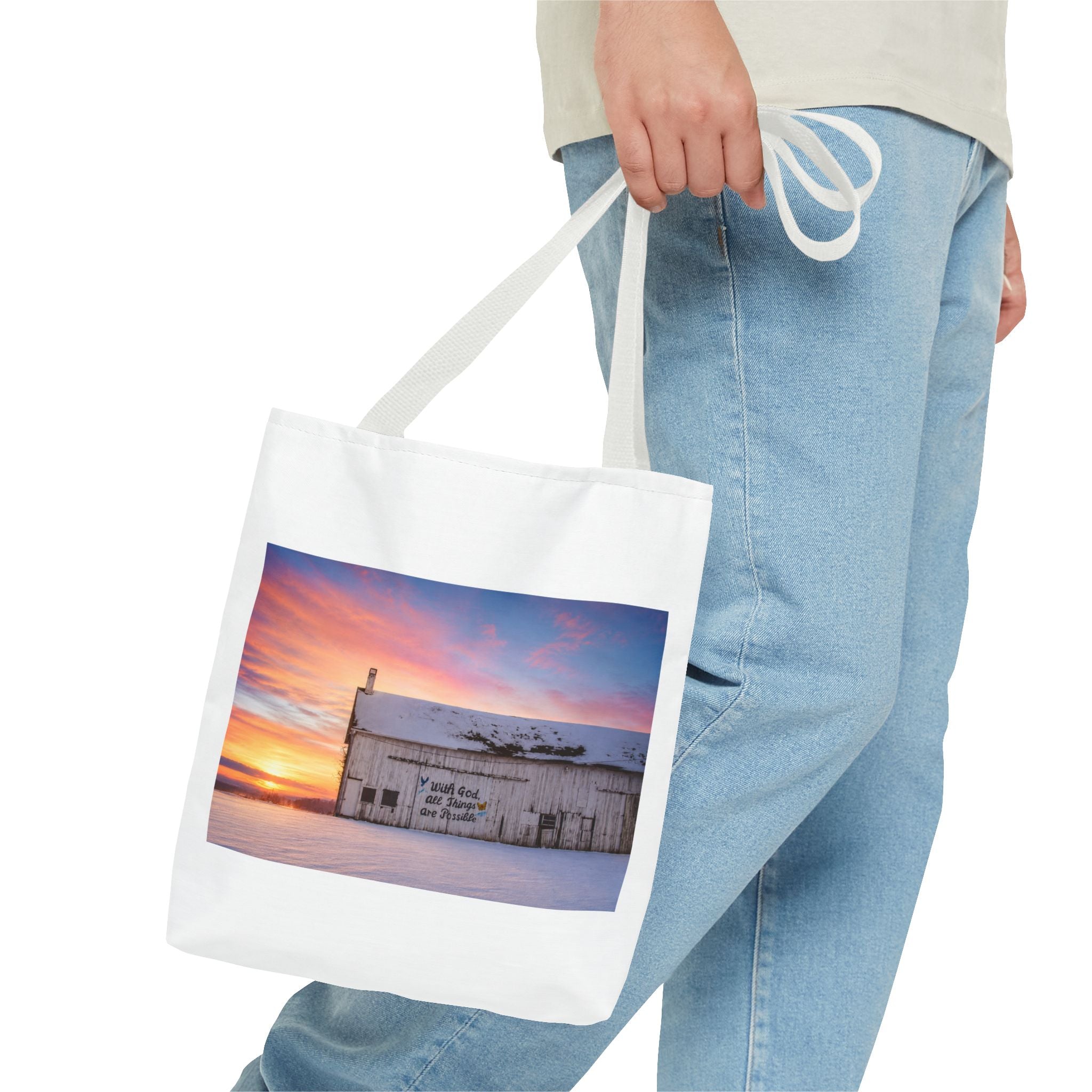Tote — Snowy Barn Sunrise Photo Tote Bag