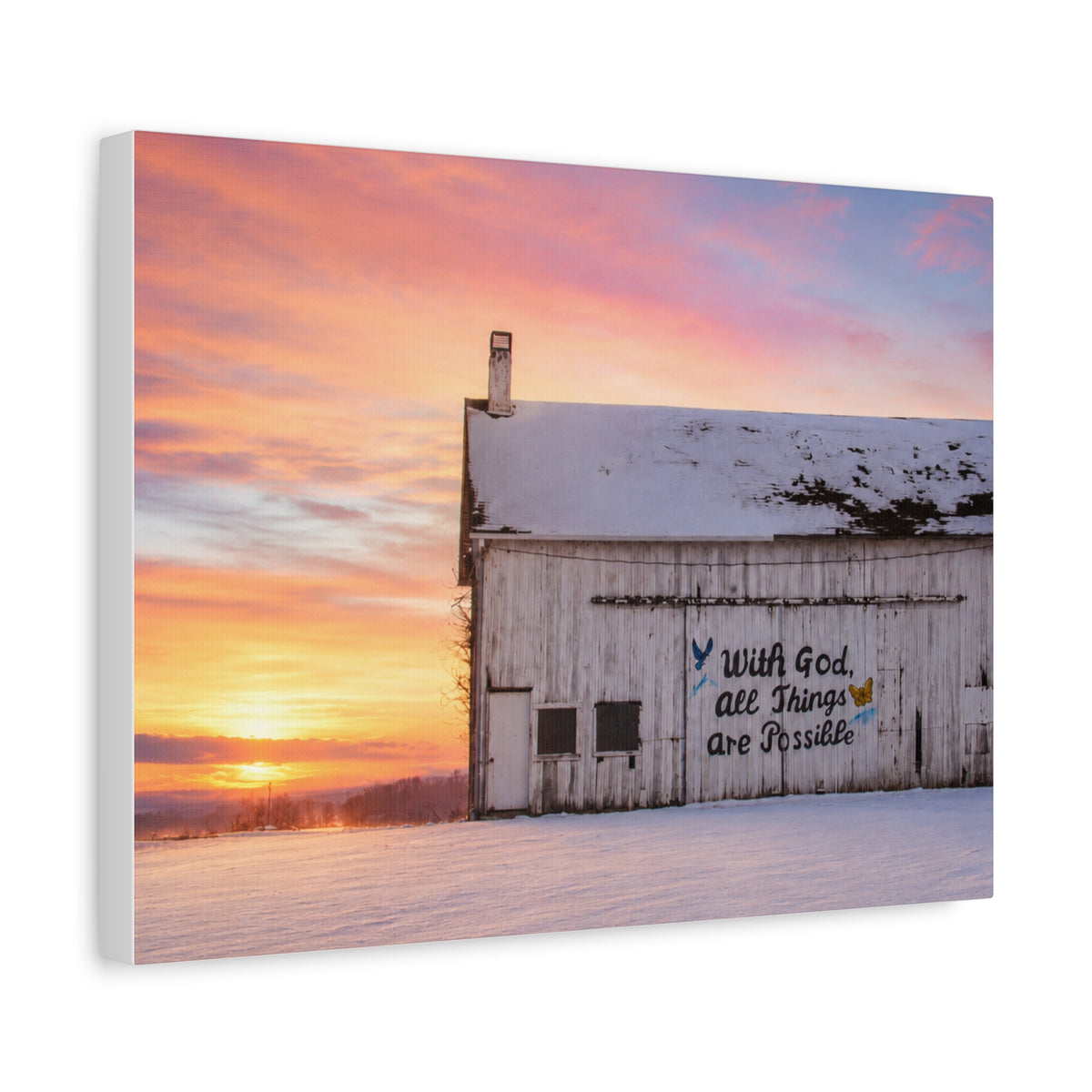 Sunrise Barn Canvas – “With God, All Things Are Possible” Stretched Wall Art