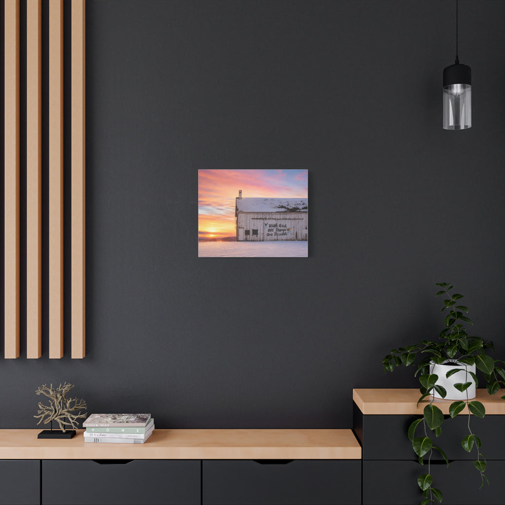 Sunrise Barn Canvas – “With God, All Things Are Possible” Stretched Wall Art