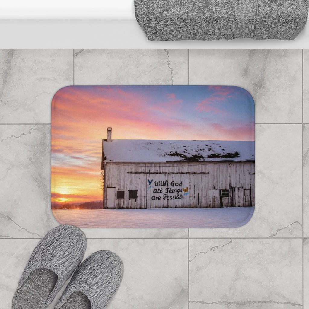 Rustic Sunrise Bath Mat — 'With God, All Things are Possible' Barn Decor